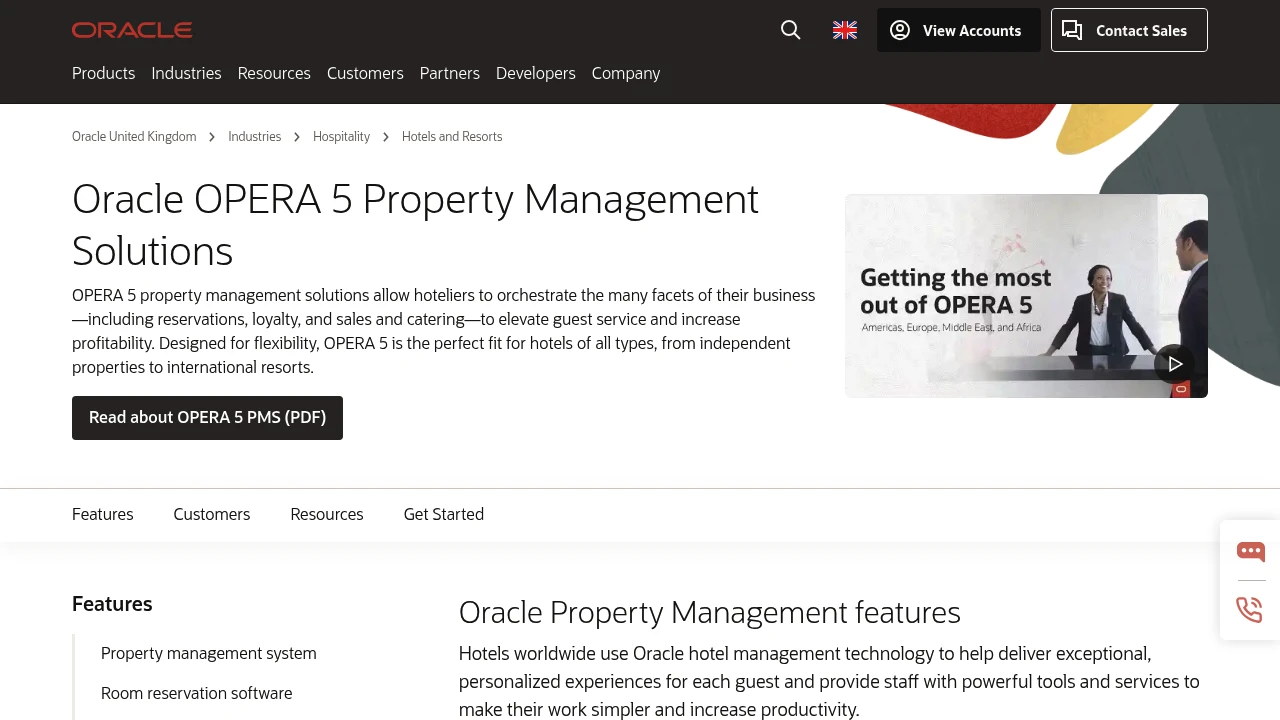 Screenshot of Oracle Hospitality OPERA Property Management System website